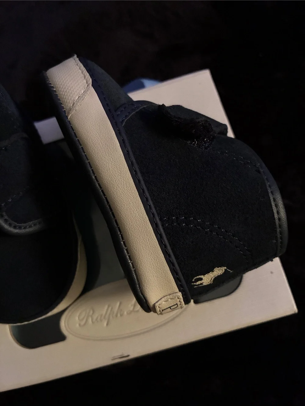 Ralph Lauren Navy Suede Baby Walker Sneakers with Ivory Sole Accent
